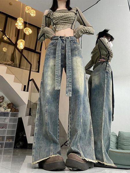 Jeans femininos harajuku moda retro azul larga legpants mulheres casual algodão feminino com cinto high street hiphop streetwear