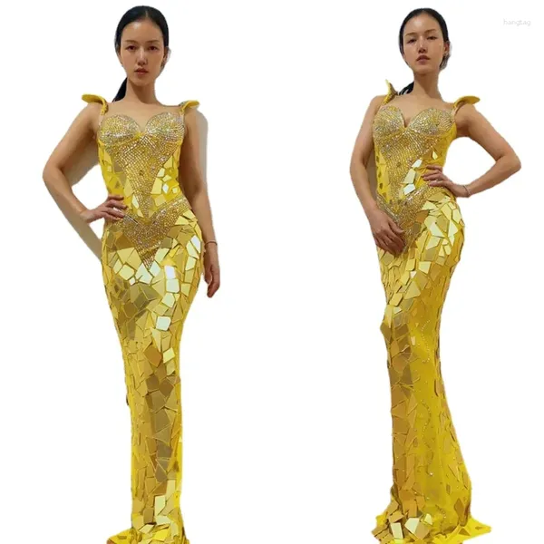 Abbigliamento da palco Specchi oro argento Costumi Paillettes Abito a spalla volante Abiti da festa di compleanno Abito da donna