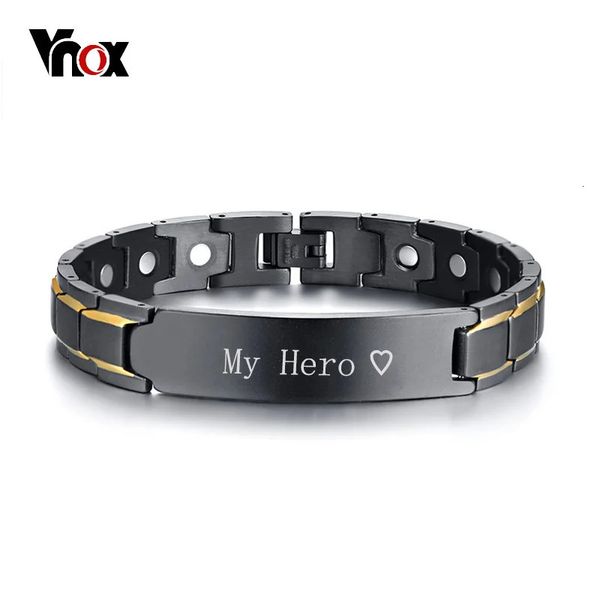 Braccialetti con ciondoli Vnox Gioielli ID personalizzati Braccialetti magnetici curativi per terapia nera per uomo Bracciale rigido in acciaio inossidabile Festa del papà Regalo papà 231206