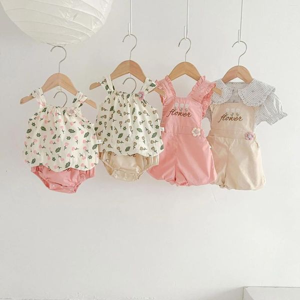 Conjuntos de roupas 2023 verão coreano infantil bebê menina 2pcs roupas conjunto floral sling top xadrez manga curta tees bordado suspender shorts terno