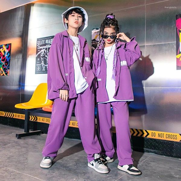 Детская одежда для сцены Kpop, костюм в стиле хип-хоп, фиолетовая рубашка, топ, мешковатые штаны, комплекты уличной одежды для девочек и мальчиков, костюм для джазовых танцев, одежда