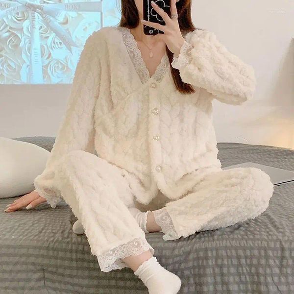 Mulheres sleepwear rendas mulheres pijamas conjunto de lã inverno 2 peça calça casa terno fofo branco bonito quente coreano sólido noite desgaste