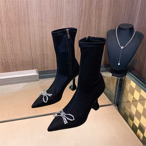 Copo de vinho elástico feminino botas finas borboleta fivela strass curto martin salto alto