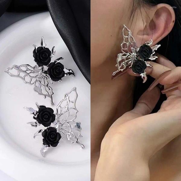 Orecchini a bottone Punk Black Rose Liquid Butterfly per le donne Gioielli estetici animali vuoti in metallo gotico esagerato