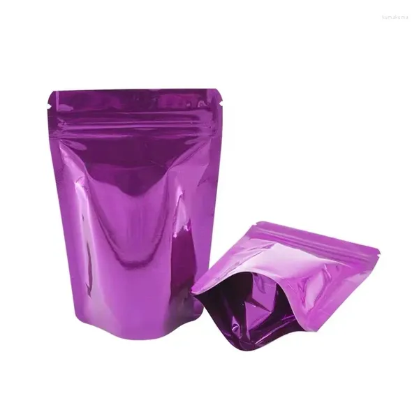 Confezione regalo 100 pezzi Foglio di alluminio viola lucido Stand Up Bag Grip Seal Tear Notch Doypack richiudibile riutilizzabile Food Snack Buste da tè