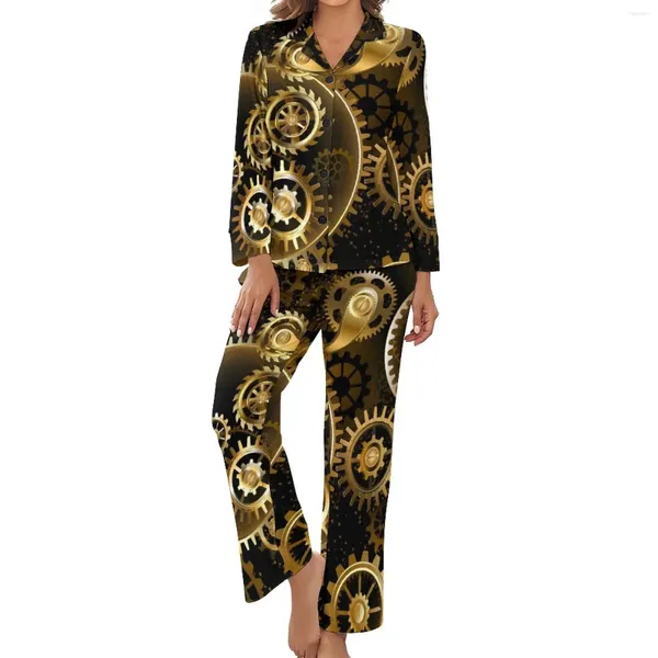 Pijamas femininos Golden Steampunk Pijama Mulheres Latão Engrenagens Imprimir Quente Nightwear Outono Manga Longa 2 Peças Casual V Neck Design Pijama