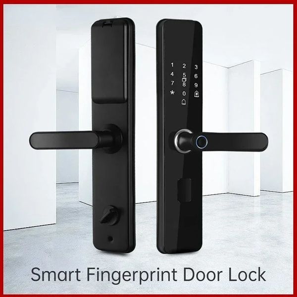 Smart Lock Fechadura de porta eletrônica com impressão digital inteligente com impressão digital biométrica / cartão IC / senha / desbloqueio de chave / carga de emergência USB 231206