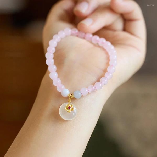 Charme Pulseiras Natural 6mm Rose Quartz Pulseira com Jade Pingente Causal Beads Acessórios de Mão Carnelian Lotus Flower Bangle Presente para