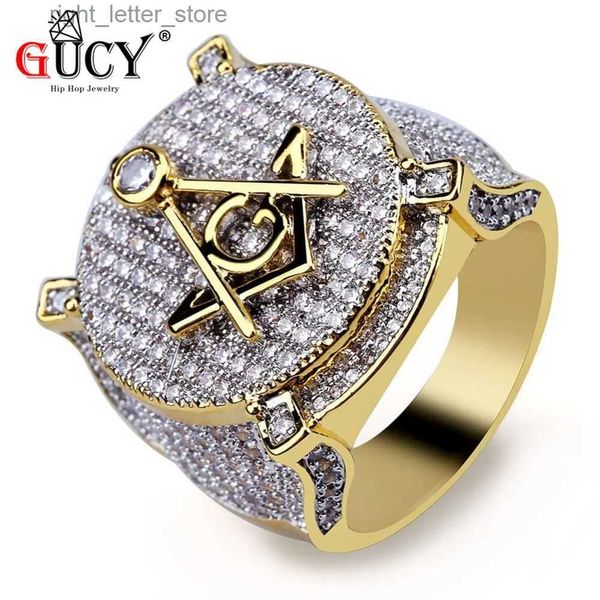 Anel Solitaire GUCY Hip Hop Anel Banhado a Ouro Material de Latão Todo Iced Out Micro Pave Cubic Zircon Anel Maçônico Charme Jóias Para Homens Presente YQ231207