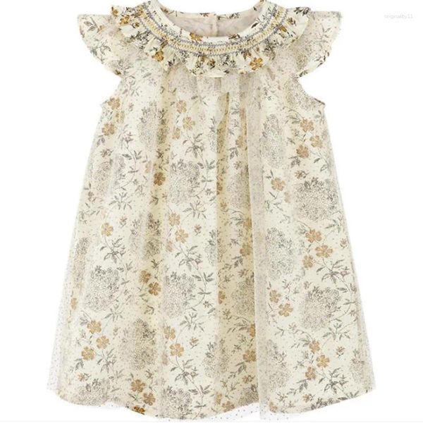 Abiti da ragazza Baby Summer Vintage Floral Smocked Princess Dress Kids Mesh Stitching Sweet Cotton Birthday Party