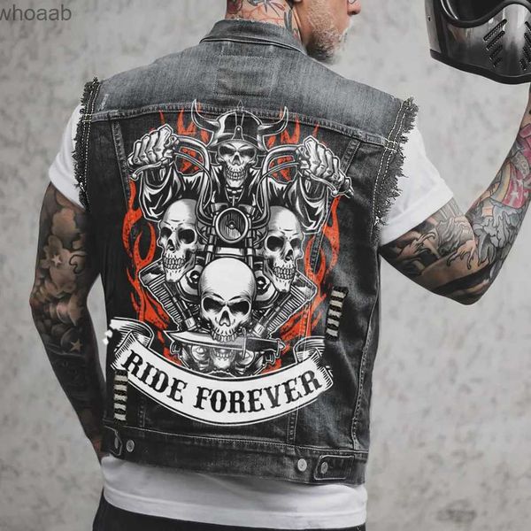 Herrenjacken Herren Motorrad Biker Denim Weste Horn Devil Skull Ride Print Schwarze ärmellose Jacke Distressed Hole Punk Style Weste YQ231207