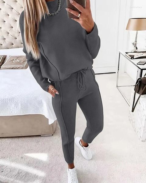 Calças femininas de duas peças inverno outono conjunto de malha para mulheres 2023 tracksuit contraste tubulação camisola cordão oversize