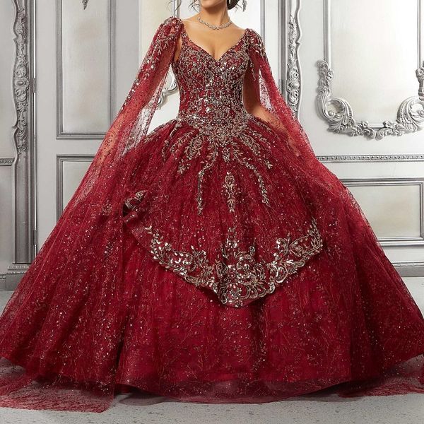 Vestido quinceanera vermelho brilhante, vestido de baile, apliques de renda, contas de cristal com capa méxico doce 16 vestidos de xv 15 anos