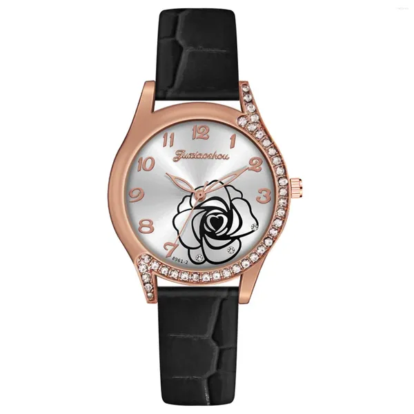 Relógios de pulso Rose Dial Watch para mulheres elegantes senhoras quartzo relógios de pulso pele pulseira de couro luxo diamante relojes