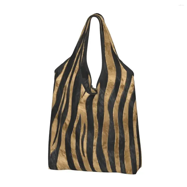 Sacos de compras Tigre Textura de Pele Falsa Abalone Preto e Ouro Sacola de Supermercado Personalizado Animal Shopper Ombro Grande Bolsa