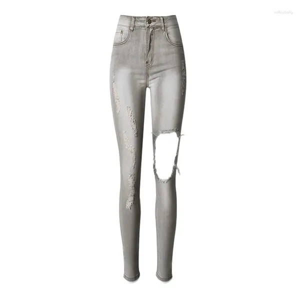 Calças de brim femininas estilo jeans feminino luz de rua cinza cintura alta elástico fino ajuste desgastado buraco borla denim lápis pés calças