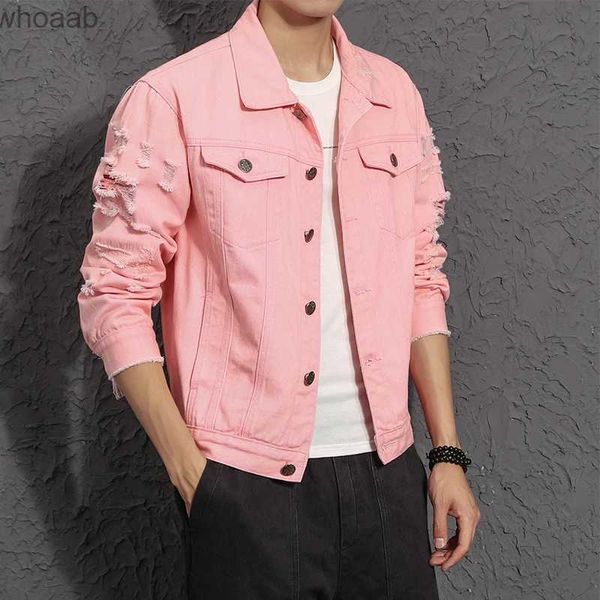 Giacche da uomo M- 5xl Fashion Brand Giacca in jeans Uomini strappati Mens Pink Black Jackets Barment Mens Denim Coat YQ231207