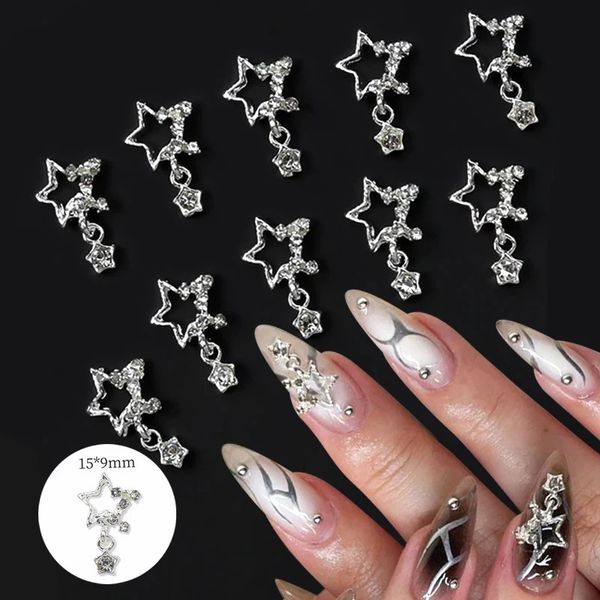 Decorazioni per nail art 10 pezzi Pentagramma in argento con stella per nail art, ciondolo super lucido, ciondolo per unghie, decorazione per unghie di lusso, glitter, forniture per manicure 231207