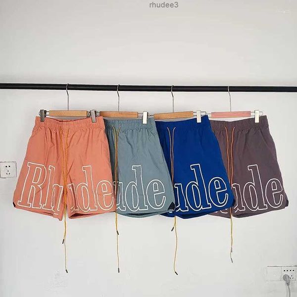 Shorts masculinos Rhude 2023 de alta qualidade fino poliéster malha tecido cor calças homens mulheres 1 tag oversize cordão praia arenosa q45o