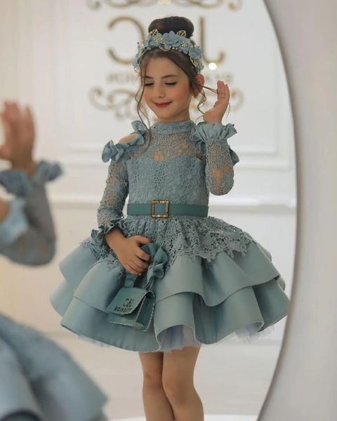 Sevimli Cemaat Kız Prenses Yüksek Boyun İllüzyonlu Sleve Dantel Corest Fluffy Etek Balo Elbise Resmi Partisi Junior Gelin BC16703