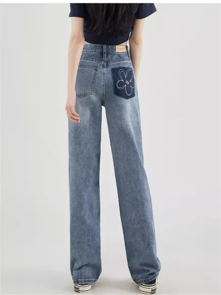 Jeans da donna American Street Style Azzurro vintage Pantaloni larghi casual a gamba larga Pantaloni in denim dritti a vita alta da donna