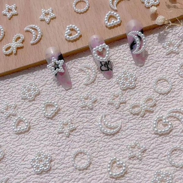 Nail Art Dekorationen 100 Stück Hohlherz Bogen Stern Perle Charms Weiß Rosa Lila Flatback 3D Dekoration DIY Zubehör