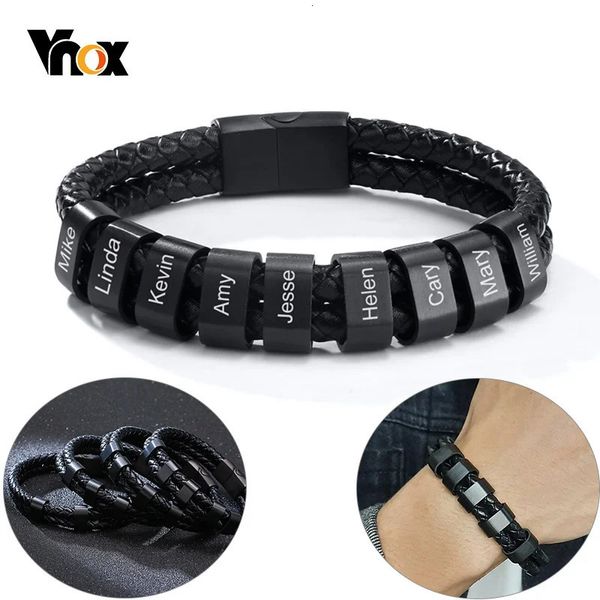 Charme Pulseiras Vnox Personalizado Masculino Preto Trançado Pulseiras De Couro Feito Sob Encomenda Com Charm Beads Nomes De Família Jóias Inspiradas 231206