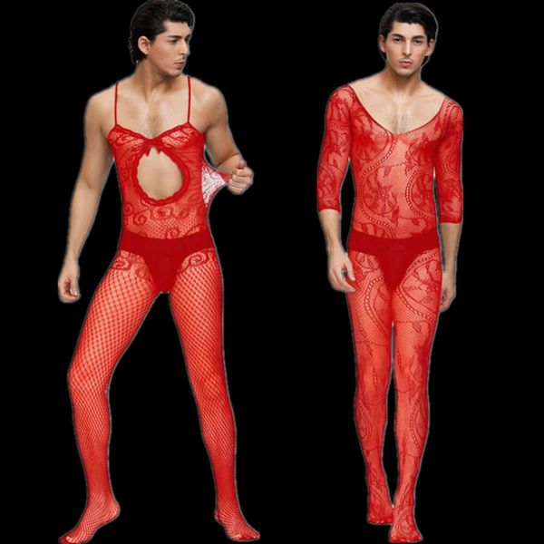 Pijamas vermelhos masculinos bodystockings homem fishnet bodysuits crotchless macacão masculino roupa de noite exótica sexo lenceria seksowna bielizna