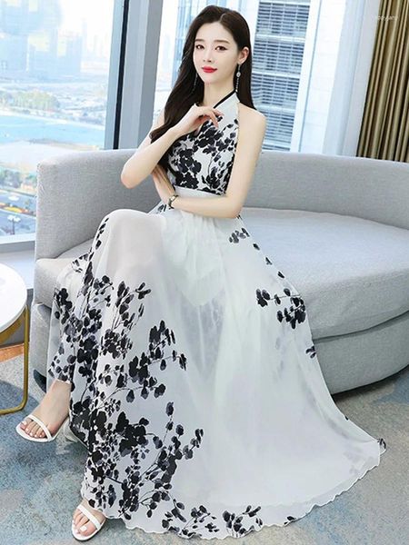 Повседневные платья 2023, черное элегантное облегающее вечернее женское шифоновое платье с цветочным принтом, сексуальное платье макси, белое летнее модное винтажное длинное платье в стиле бохо