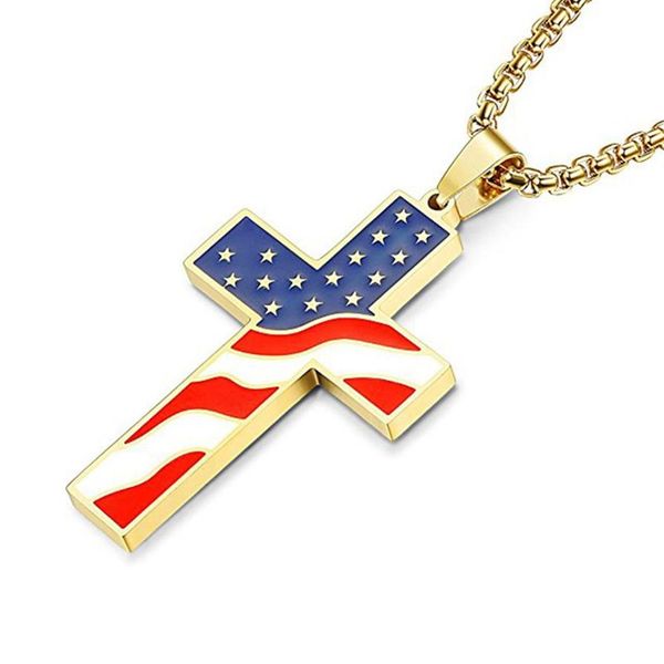 Colar de bandeira americana, pingente de cruz de aço inoxidável, joias patrióticas, religioso, ouro, prata, corrente pesada 203t