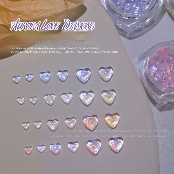 Decorações de arte de unhas 3040pcs Aurora Love Heart Nail Art 1 garrafa adesivo de alívio de menina 3D strass brilhantes FlatBottom misturado cristal Mnaicure 231207