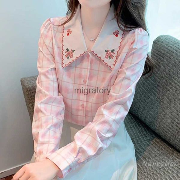 Blusas femininas camisas primavera e outono camisa xadrez rosa para mulheres blusa de chiffon de mangas compridas roupas femininas 2023 novo peter pan colarinho topo yq231207