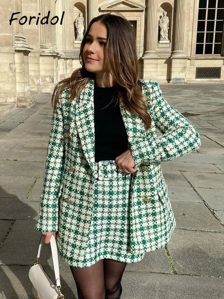 Abito a due pezzi Foridol Blazer doppiopetto in tweed Cappotto Gonna Set Inverno Cintura con tasche spesse Autunno Verde Giacca a quadretti lavorata a maglia vintage 231207