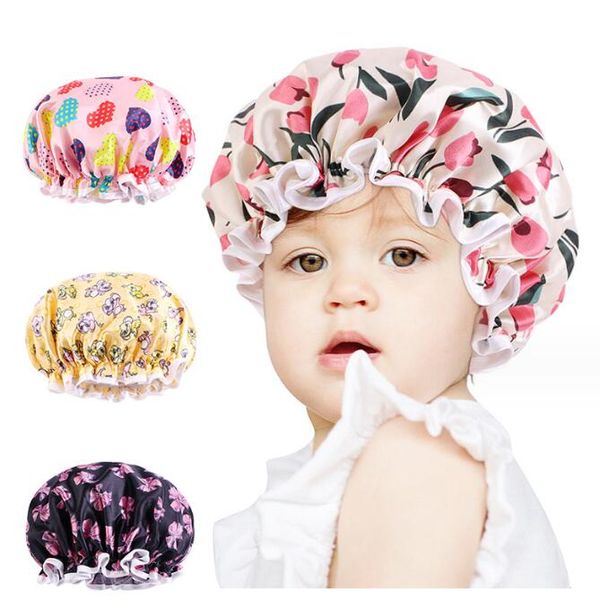 Kinder Mädchen Jungen Wasserdichte Duschhaube Baby Badezimmer Haarkappen Seidige Satin Bonnet Cap Turban Hut Cartoon Print Nachtschlaf Kappe