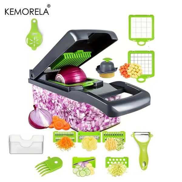 Utensili per frutta e verdura 14 16 in 1 Tritatutto multifunzionale Manico per cipolla Griglia per alimenti Affettatrice da cucina Taglio a cubetti 231206