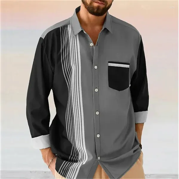 Camisas casuais masculinas moda manga longa camisa listrada cor-mudando bolso lapela botão rua ao ar livre topo mais