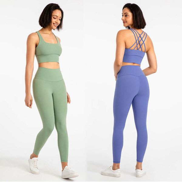 Lu Lu Lemon Align Roupas de treino para mulheres Roupas de ginástica Conjunto de 2 peças Conjuntos de sensação nua Tiras Yoga Sutiã esportivo Cintura alta Leggings sem costura