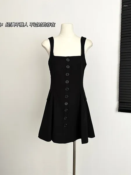 Lässige Kleider Sommer Koreanische Mode Einreiher Vintage Hosenträger Abendkleid Frauen 2023 Mini A-Linie Schwarz Einteiliges Kleidungsdesign