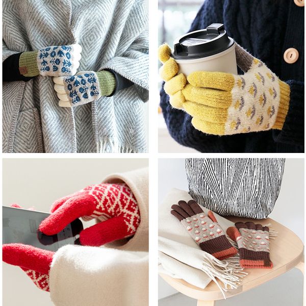 Winter-Strickhandschuhe, warme Retro-Handschuhe aus kontrastierendem Jacquard, Wollhandschuhe für Studenten mit Touchscreen