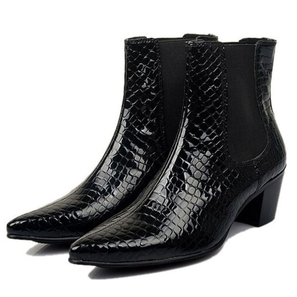 Novo 6cm salto alto couro genuíno serpentina pionted toe vestido botas de casamento estilo japonês passarela homens botas