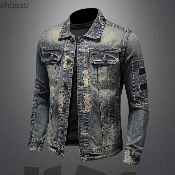 Giacche da uomo 2023 Primavera e Autunno Nuova tendenza della moda Strappato Giacca di jeans vintage Uomo Casual Allentato Confortevole Cappotto taglie forti di alta qualità YQ231207