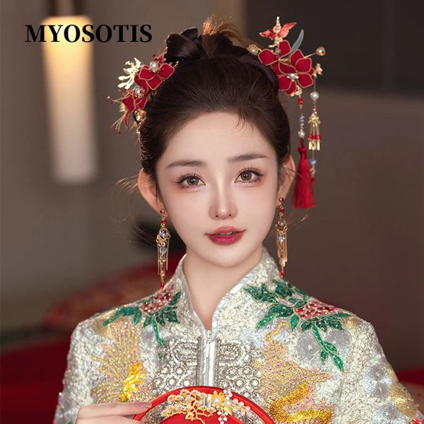 Головные уборы, аксессуары для волос, китайская красная ткань, ступенчатая заколка с кисточкой и цветком, классическая заколка для невесты, свадьбы, Hanfu Qipao 231207