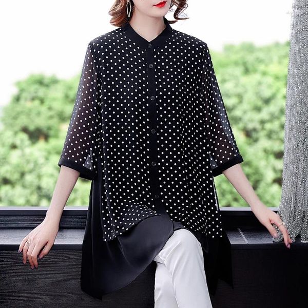 Frauen Blusen 2023 Sommer Lose 4XL Plus Größe Lange Shirts Frühling Vintage Casual Schwarz Dot Print Chiffon Frauen Elegante bodycon