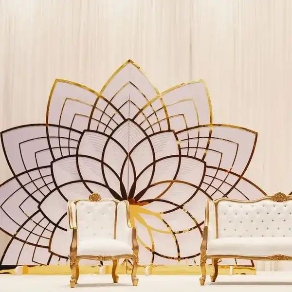 Hochzeitszubehör-Hintergrund, PVC-Bühnenwanddekorationen, goldene Acryl-Blumenrückseite, Lotusblume, Hochzeitshintergrund für Hochzeitsveranstaltungen