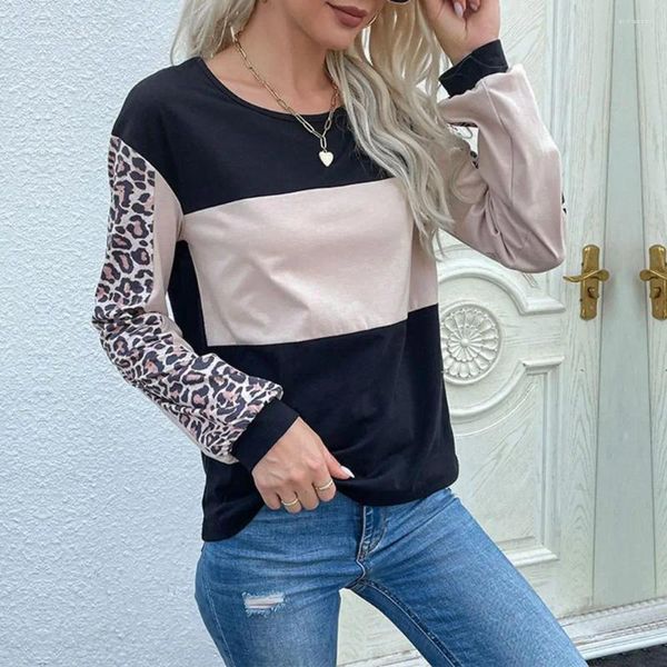 Blusas femininas mulheres primavera camiseta retalhos leopardo impressão em torno do pescoço pulôver quente casual mangas compridas roupas superiores