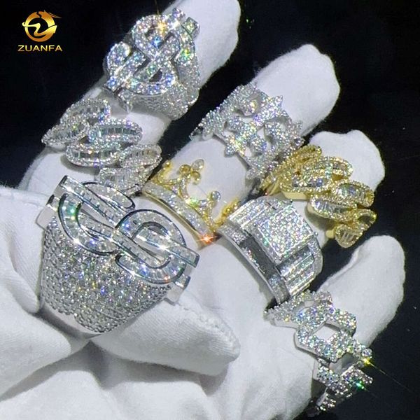 Nova chegada fabricante hip hop anéis 925 prata vvs moissanite banhado a ouro sólido jóias geladas
