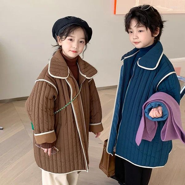 Пуховое пальто, зимние однотонные стеганые длинные свободные пальто в корейском стиле для мальчиков и девочек, детские теплые повседневные куртки на молнии с толстой подкладкой