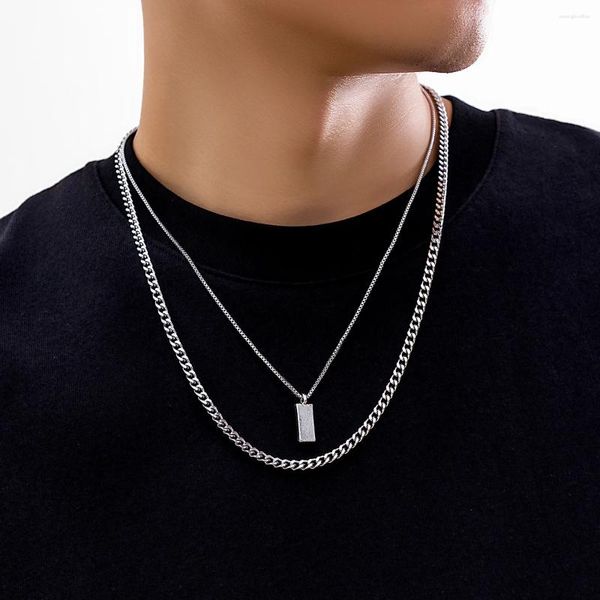 Anhänger Halsketten KunJoe 2 teile/satz Rechteckige Box Kette Halskette Für Männer Punk Silber Farbe Cuban Link Choker Party