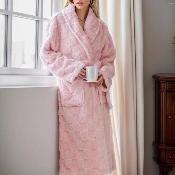 Herren-Nachtwäsche, Damen-Pyjama-Fleece-Langarm-Robe, karierte Baumwollmischung, warmer Bademantel, Loungewear-Set, Pijama Mujer Winter