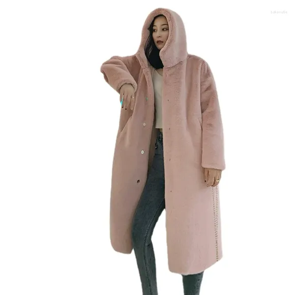 Женское меховое пальто с капюшоном, женская зима 2023, верхняя одежда, женская длинная пушистая куртка, женская норковая искусственная женская розовая плюшевая куртка